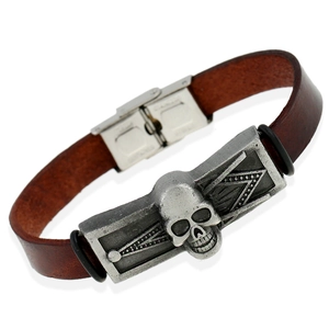 Vintage Men Cowhide Leather Bracelet With Stainless Steel Skull Alloy Charm Punk Retro Jewelry Wristband Brown