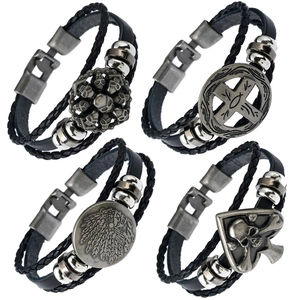 Heren Punk Vintage Rundleren Gevlochten Armband Met Schedel Kruis Indiaans Opperhoofd Legering Hanger Sieraden