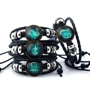 Bracciale in Pelle Intrecciata 12 Costellazioni Retro Uomo Donna Vintage Punk Galassia Vetro Zodiaco Gioielli Regolabili