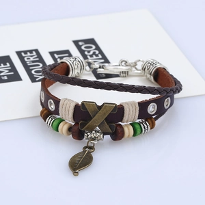 Multilayer leather punk bracelet featuring bronze metal X and leaf charm in retro style