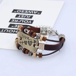 Retro multilayer leather beaded bracelet with bronze Love plaque and arrow heart charm