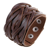 Detail view of brown woven leather bracelet with adjustable silver metal snap buttons
