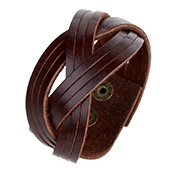 Detail view of multi-layered dark brown braided leather bracelet with bronze snap buttons