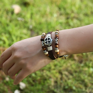 Multilayer leather beaded bracelet with compass metal charm in vintage bohemian style