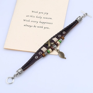 Retro multilayer leather bracelet with bronze leaf charm and beads for men and women