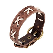 Macro shot of brown leather bracelet with white X-stitch and bronze metal fastener