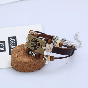 Retro bohemian leather bracelet with peace sign charm and handmade wooden beads