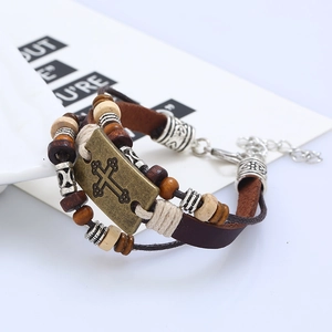 Retro multi-layer leather bracelet with wooden beads and bronze cross charm pendant