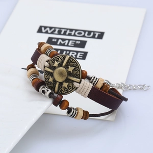 Retro multilayer leather beaded bracelet featuring a vintage bronze star shield charm