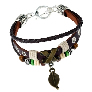 Vintage Multilayer Woven Cowhide Bracelet For Men Women Punk Alloy X-Charm Leaf Pendant Wooden Beads Bohemian Jewelry