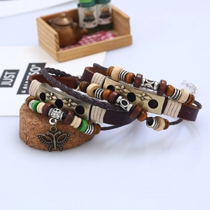 Retro punk multi-layer leather beaded bracelet set with vintage metal butterfly charms