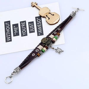 Punk vintage multi-layer leather bracelet with bronze skull and sea turtle charms