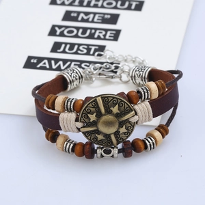 Handmade multilayer leather bracelet with vintage bronze charms and wooden beads for men