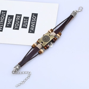 Handmade multilayer leather bracelet featuring vintage peace sign and wooden beads