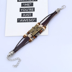 Bohemian multi-layer leather bracelet with wooden beads and bronze cross charm