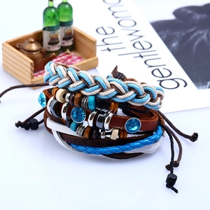 Multilayer bohemian braided leather bracelet with blue crystals and wooden beads