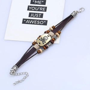 Punk multilayer braided leather bracelet with vintage bronze skull and wooden beads