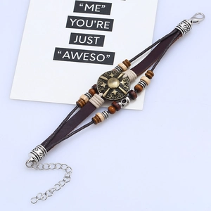 Handmade vintage multi-layer leather bracelet with wooden beads and sun metal charm