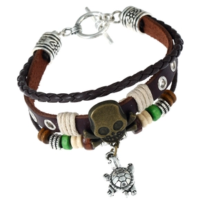 Vintage Punk Cowhide Leather Bracelet For Men Women Alloy Skull Turtle Charm Multi Layer Braided Cord Handmade Wood Bead Jewelry