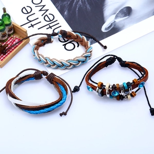 Handmade multilayer braided leather bracelet set with turquoise beads and wood accents