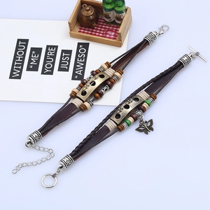 Punk vintage multilayer beaded cowhide leather bracelet set with a bronze butterfly charm