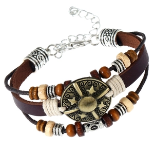 Vintage Men's Multilayer Cowhide Leather Bracelet Bohemian Braided Wax Rope Wood Beads Antique Bronze Metal Shield Adjustable Punk Jewelry