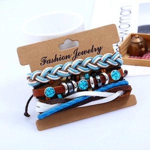 Bohemian multi-layer braided leather bracelet set with blue rhinestones on display card