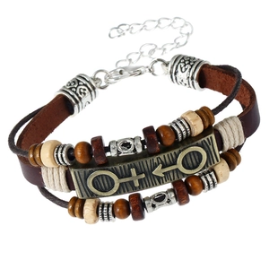 Bracelet Perlé en Cuir de Vache Punk Vintage Tressé Multicouche Alliage Symbole de Genre Charme Aile de Plume Bijoux Faits à la Main Unisexe