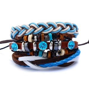 Bohemian Multi-layer Braided Cowhide Leather Bracelet Set With Wood Beads Alloy Rhinestone Ethnic Adjustable Jewelry Women