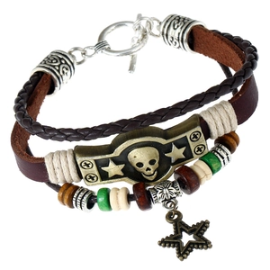 Bracelet Multi-couches en Cuir de Vache Vintage Punk pour Hommes Femmes Pendentif Tête de Mort Étoile en Alliage Bracelet Fait Main