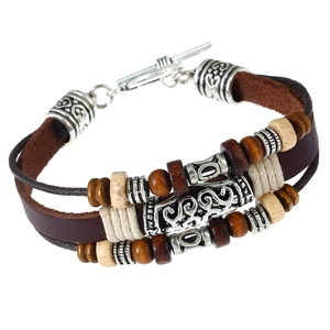 Vintage Punk Handgefertigtes Mehrlagiges Echtes Lederarmband Für Herren Damen Bohemien Legierung Holzperle Ethno Schmuck