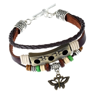 Retro punk multilayer leather bracelet with bronze butterfly charm and beaded accents