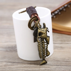 Close-up of bronze alloy fish bone pendant with leather cord and Keep heart free plate
