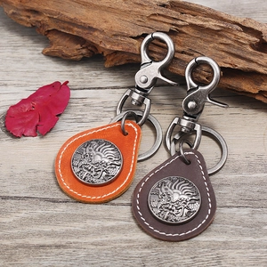 Retro leather keychain with dragon relief carving in orange and dark brown colors