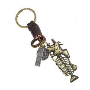 Vintage Industrial Bronze Alloy Fishbone Keychain For Men Genuine Leather Wrapped Engraved Pendant Keyring Accessory Gift