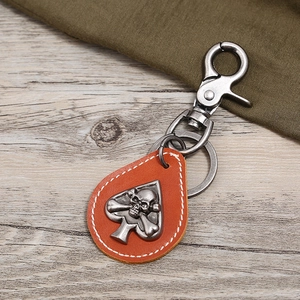Vintage punk leather keychain with silver skull spade and sturdy metal lobster clasp