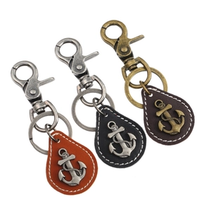 Vintage Cowhide Leather Anchor Keychain Retro Alloy Metal Hook Nautical Punk Key Ring For Men Women Fashion Gift