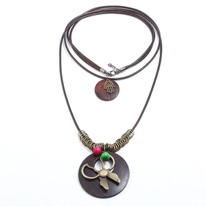 Bohemian multi-layer long wax rope necklace with vintage wood pendants and hand charm