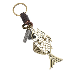 Vintage Alloy Fish Keychain Hand Woven Cowhide Leather Key Ring Retro Bronze Animal Pendant Hanging Ornament Jewelry