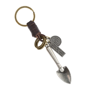 Vintage Punk Handmade Woven Cowhide Leather Keychain With Metal Shovel Pendant Retro Bronze Alloy Key Ring For Men Women Daily Accessory