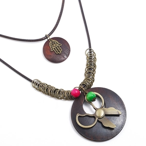 Vintage Bohemian Alloy Wood Hamsa Hand Scissors Pendant Long Necklace Layered Ethnic Sweater Chain For Women Fashion Jewelry