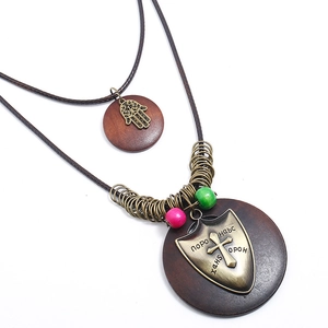 Vintage Bohemian Multi-layer Long Pendant Necklace Women Alloy Wood Hamsa Hand Cross Shield Religious Ethnic Sweater Chain Jewelry