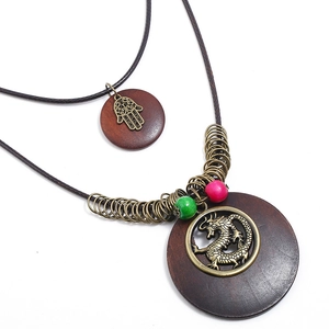 Vintage Bronze Alloy Dragon And Hamsa Hand Pendant Necklace Ethnic Double Wood Ring Long Sweater Chain For Women Jewelry