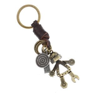 Vintage Hand Woven Genuine Leather Robot Keychain Alloy Antique Bronze Robot Pendant Industrial Mechanical Style Bag Charm Gift
