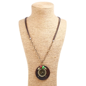 Vintage necklace with wooden clock pendant on long wax cord and bronze chain