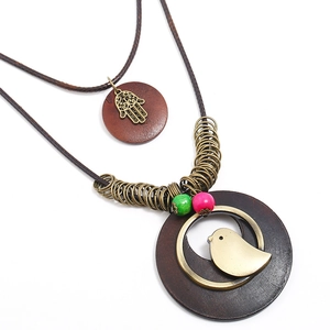 Bohemian Vintage Alloy Wood Long Necklace Multi-layer Sweater Chain Hamsa Hand Bird Pendant Ethnic Jewelry For Women
