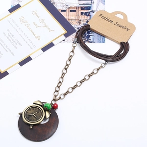 Retro bronze alarm clock pendant necklace with wooden disk on long brown cord