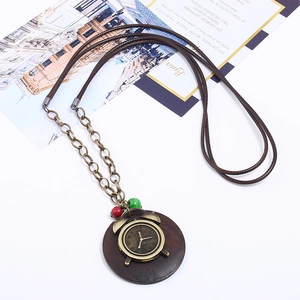 Vintage alarm clock sweater necklace with wood pendant and brown cord for women
