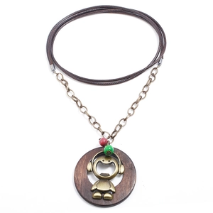 Retro punk wooden pendant necklace with bronze metal figurine and colorful beads on white back