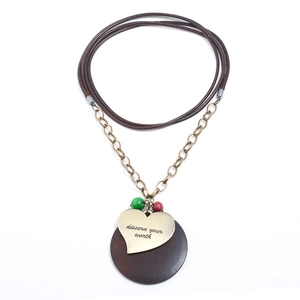 Vintage long necklace with heart pendant, wood disc and engraved 'discern your worth' text